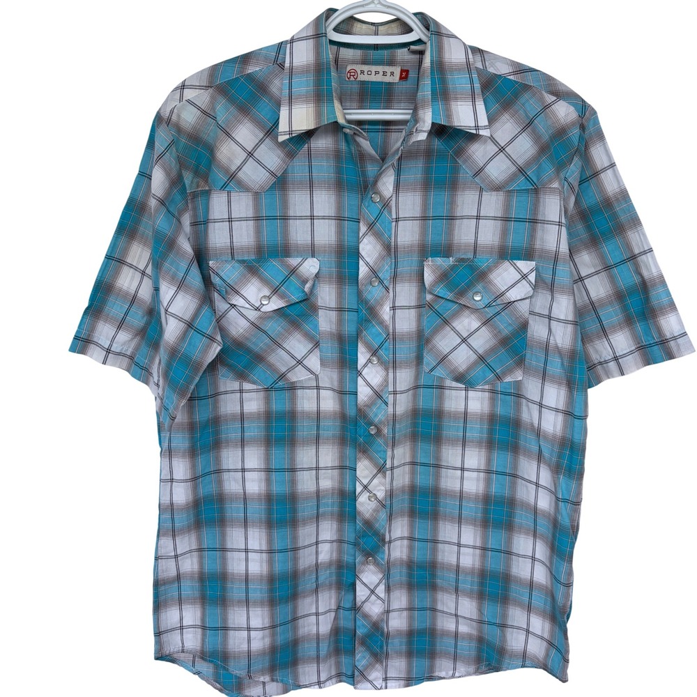 Plaid Roper Pearl Snap Western Shirt Medium Men's Green‎ White Cowboy Ranchwear